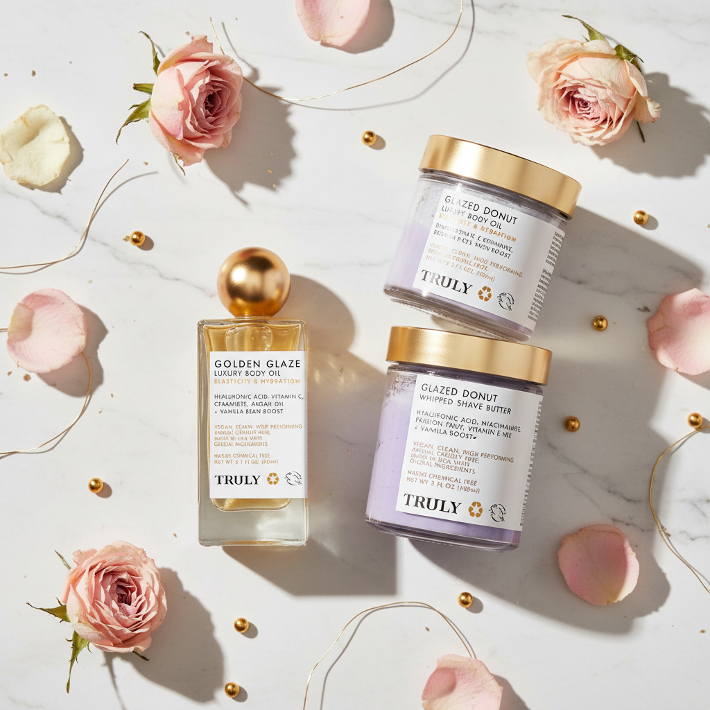 Golden Glaze Body Oil & Shaving Bundle flat lay gift set