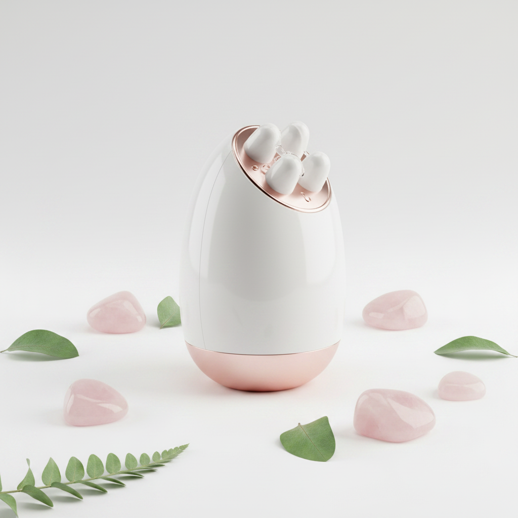 Face Massager Mini Device minimalist flat lay with rose quartz crystals